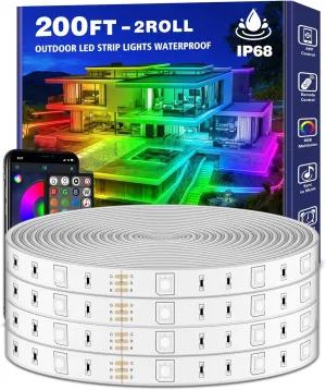 200ft Outdoor LED Strip Lights Waterproof 1 Roll,IP68 Outside Led Light Strips with App and Remote,Music Sync RGB Exterior Rope Self Adhesive Back for Deck,Balcony,Pool