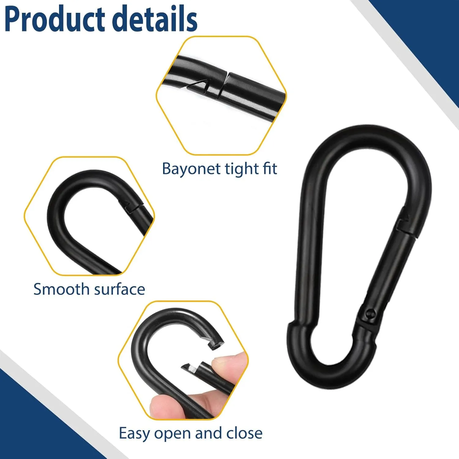 200Pcs 2.36" Heavy Duty Snap Hook Carabiners - M6 Galvanized Steel Quick Links for Keys, Hammocks, Swings, Outdoor Gear - Camping, Hiking, Fishing (Black)