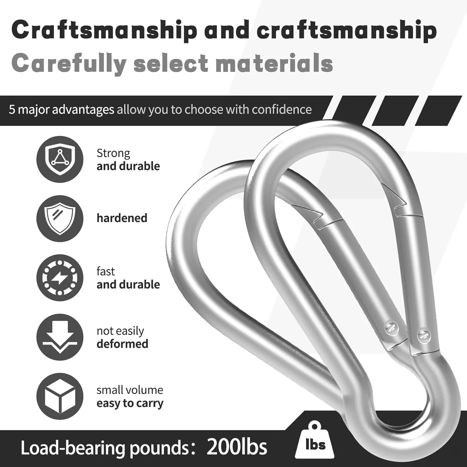 200PCS M5 Carabiners Clip Heavy Duty Spring Snap Hook, 2Inch Galvanized Steel Carabiner, Safety Quick Links Snap Hooks, Spring Clips for Swing Hammock Camping Keychain Outdoor