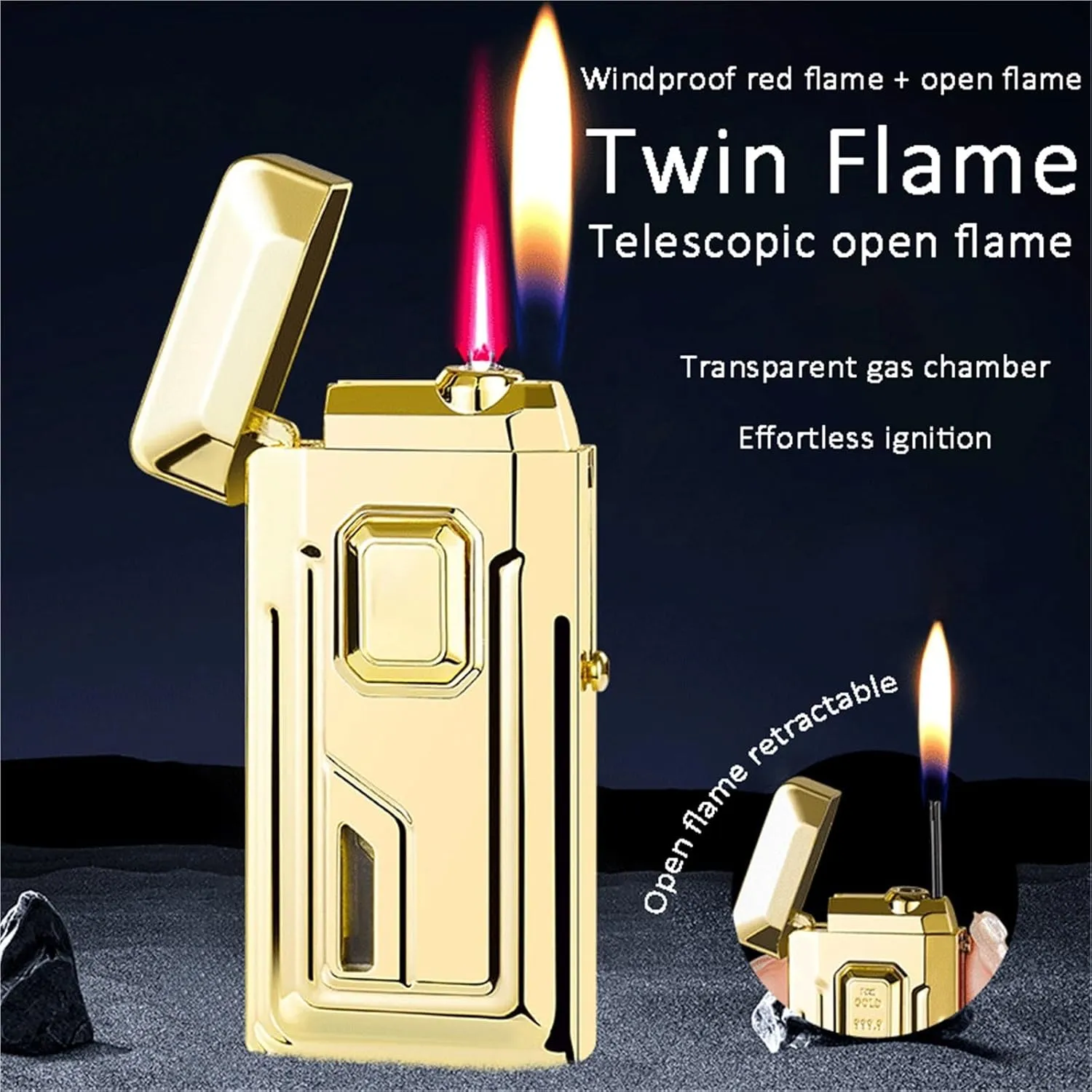 2025 Dual Flame Butane Windproof Lighter, Push Button Ignition, with Visible Oil Window, Refillable Fuel, Metal Flip Top, Suitable for Candle Camping (Butane Not Included)(Gold)