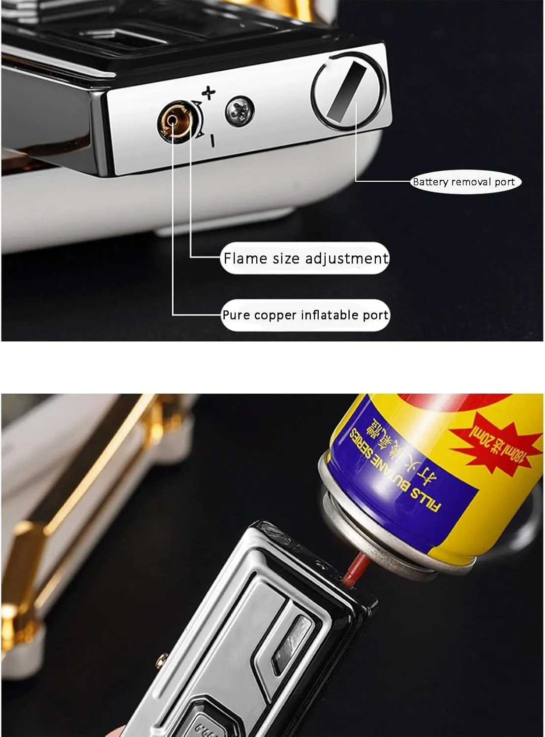 2025 Dual Flame Butane Windproof Lighter, Push Button Ignition, with Visible Oil Window, Refillable Fuel, Metal Flip Top, Suitable for Candle Camping (Butane Not Included)(Gold)