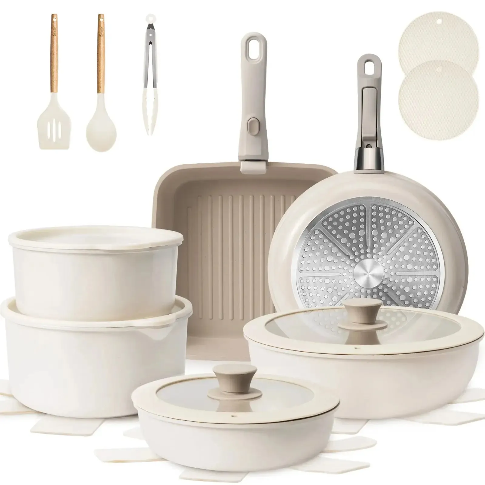 22-piece non-stick cookware set, khaki color, induction, oven and dishwasher safe, perfect holiday gift idea