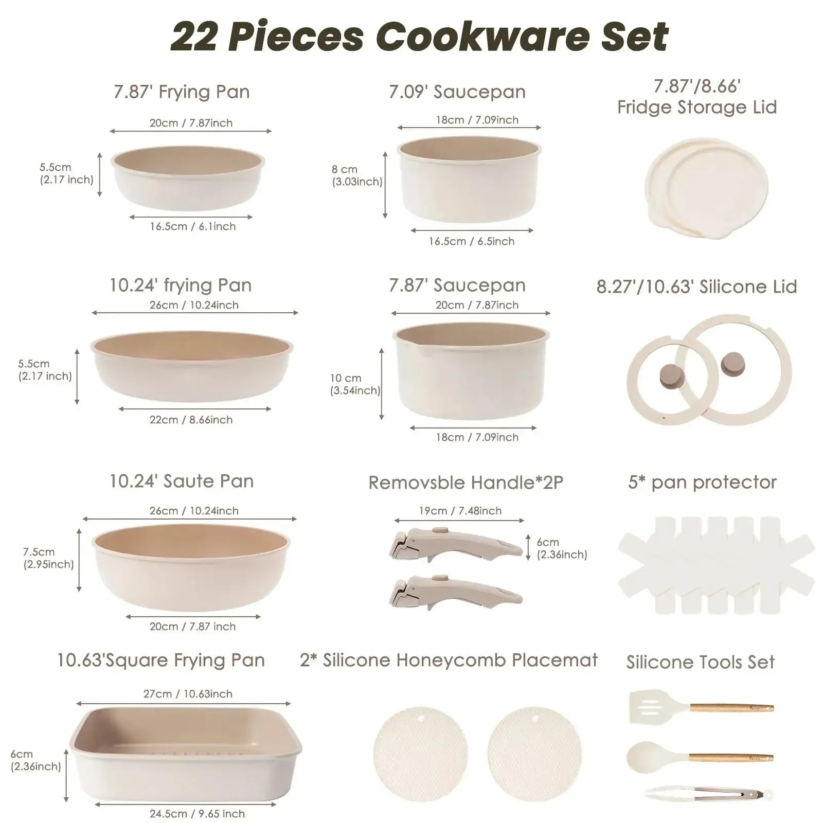 22-piece non-stick cookware set, khaki color, induction, oven and dishwasher safe, perfect holiday gift idea