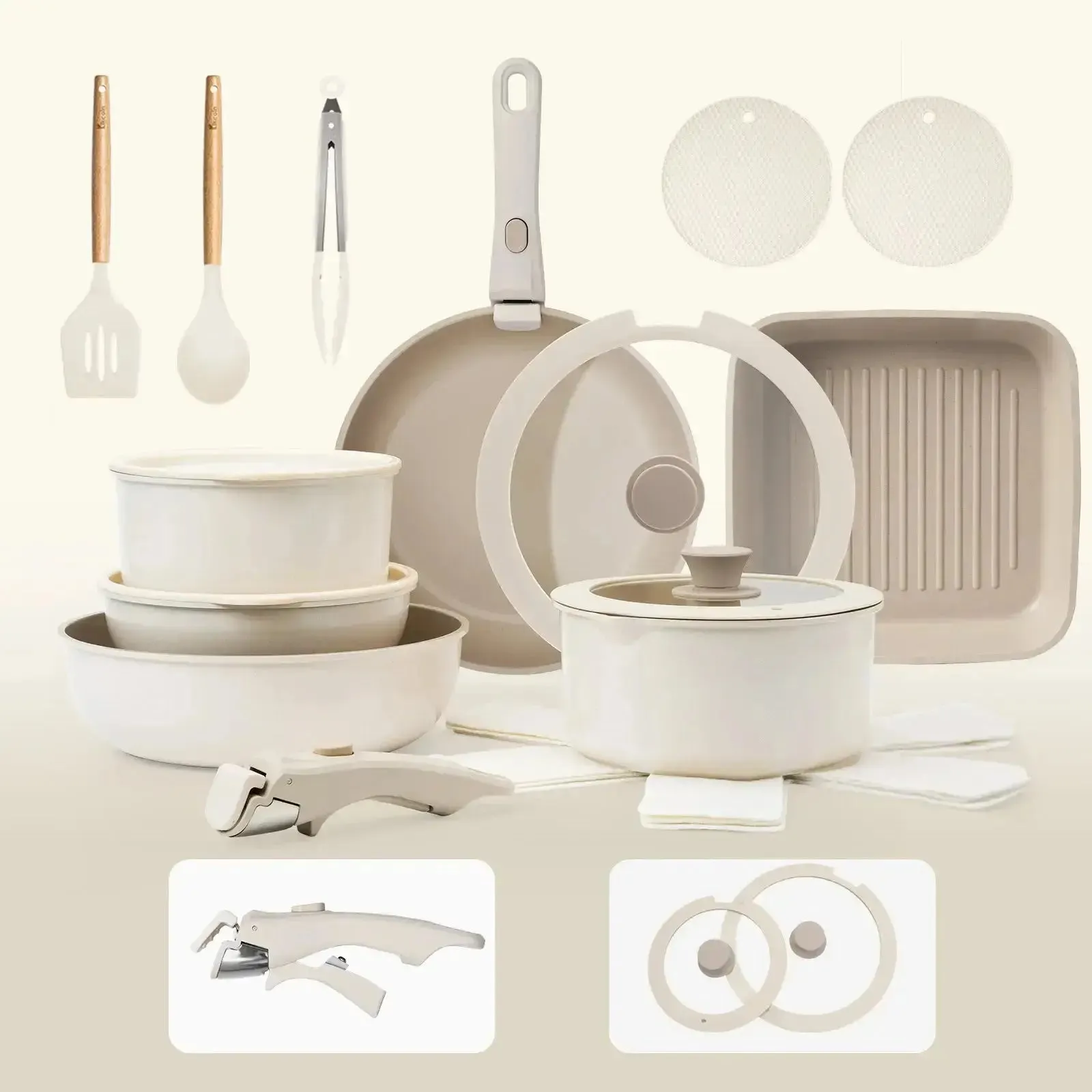 22-piece non-stick cookware set, khaki color, induction, oven and dishwasher safe, perfect holiday gift idea
