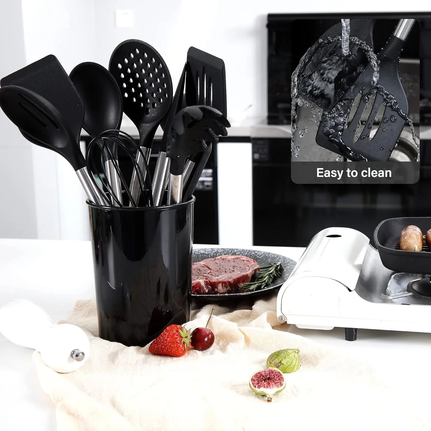 28 Pcs Silicone Cooking Utensils Set with Holder, Spatula Set, Silicone Whisk, Scissors, Measuring Cups and Spoons Set with Stainless Steel Handle Kitchen Gadgets (Black)