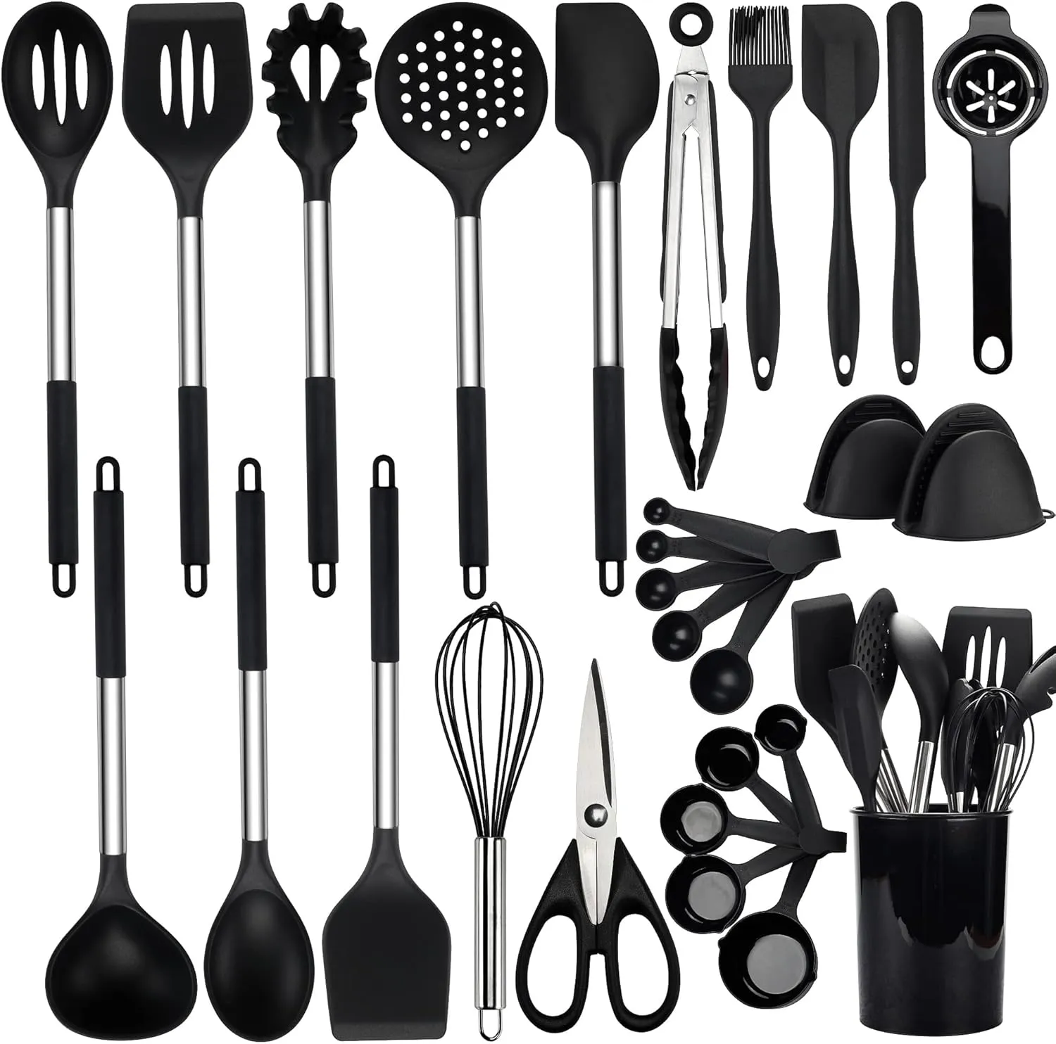 28 Pcs Silicone Cooking Utensils Set with Holder, Spatula Set, Silicone Whisk, Scissors, Measuring Cups and Spoons Set with Stainless Steel Handle Kitchen Gadgets (Black)