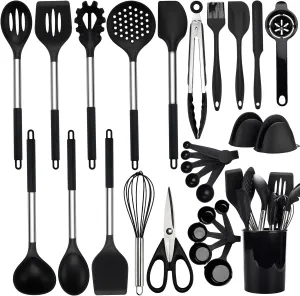 28 Pcs Silicone Cooking Utensils Set with Holder, Spatula Set, Silicone Whisk, Scissors, Measuring Cups and Spoons Set with Stainless Steel Handle Kitchen Gadgets (Black)