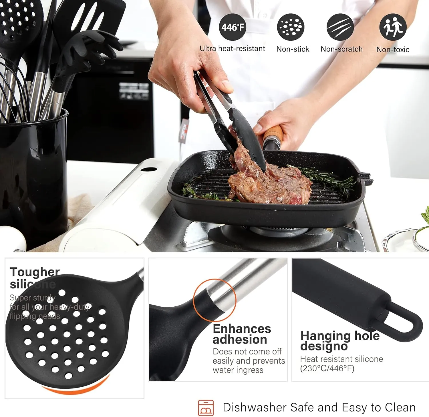 28 Pcs Silicone Cooking Utensils Set with Holder, Spatula Set, Silicone Whisk, Scissors, Measuring Cups and Spoons Set with Stainless Steel Handle Kitchen Gadgets (Black)