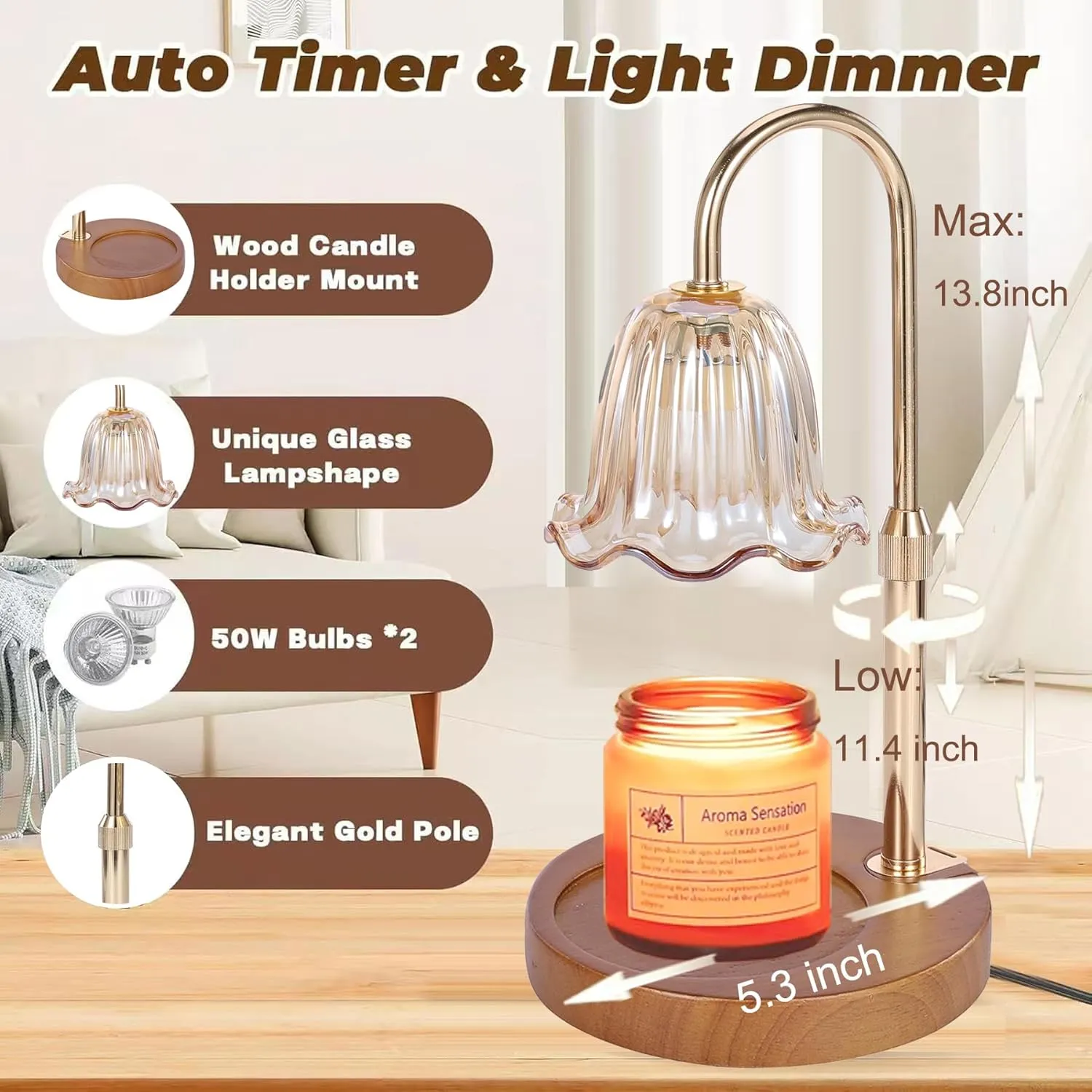 2Pack Electric Timer Candle Warmer Light,with Bracket Dimmable Candles Wax Glass Warmers Lamps for Jar Candles Burner No Flame Scented Melting Warming Lantern Adjustable Height(50W*4PCS)