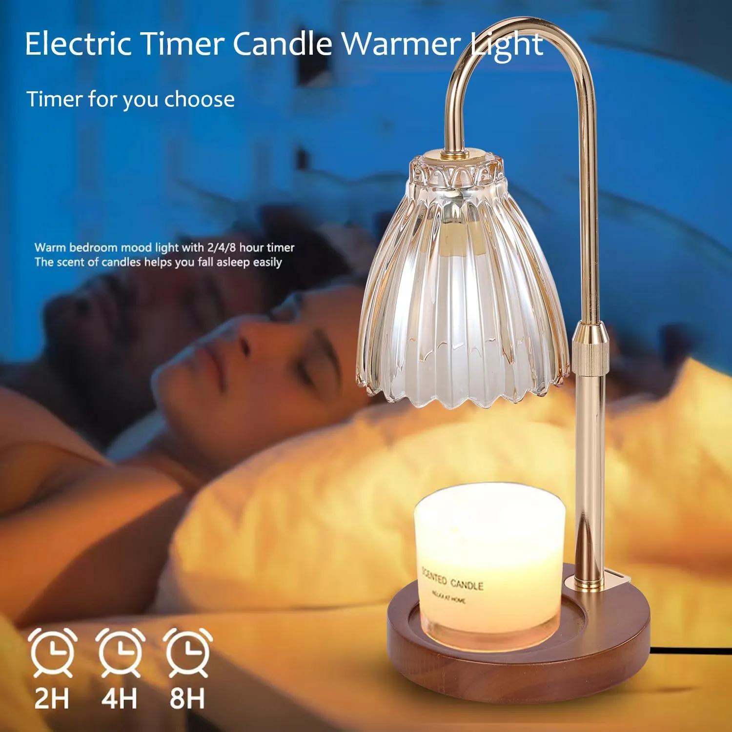 2Pack Electric Timer Candle Warmer Light,with Bracket Dimmable Candles Wax Glass Warmers Lamps for Jar Candles Burner No Flame Scented Melting Warming Lantern Adjustable Height(50W*4PCS)