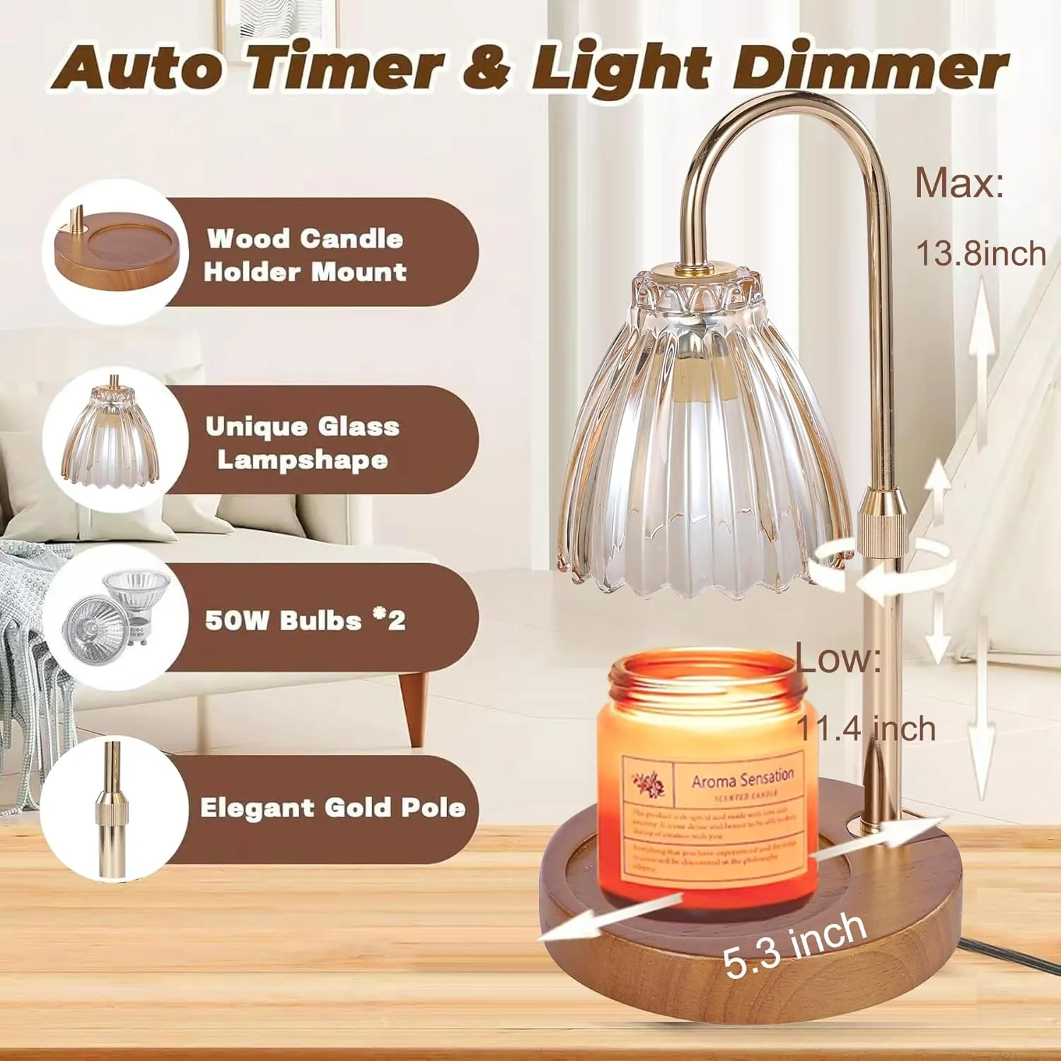 2Pack Electric Timer Candle Warmer Light,with Bracket Dimmable Candles Wax Glass Warmers Lamps for Jar Candles Burner No Flame Scented Melting Warming Lantern Adjustable Height(50W*4PCS)