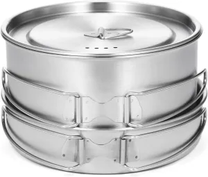 2pcs Camping Cookware Set Stainless Steel Pot Pan Cooking Set with Foldable Handles Mesh Carry Bag