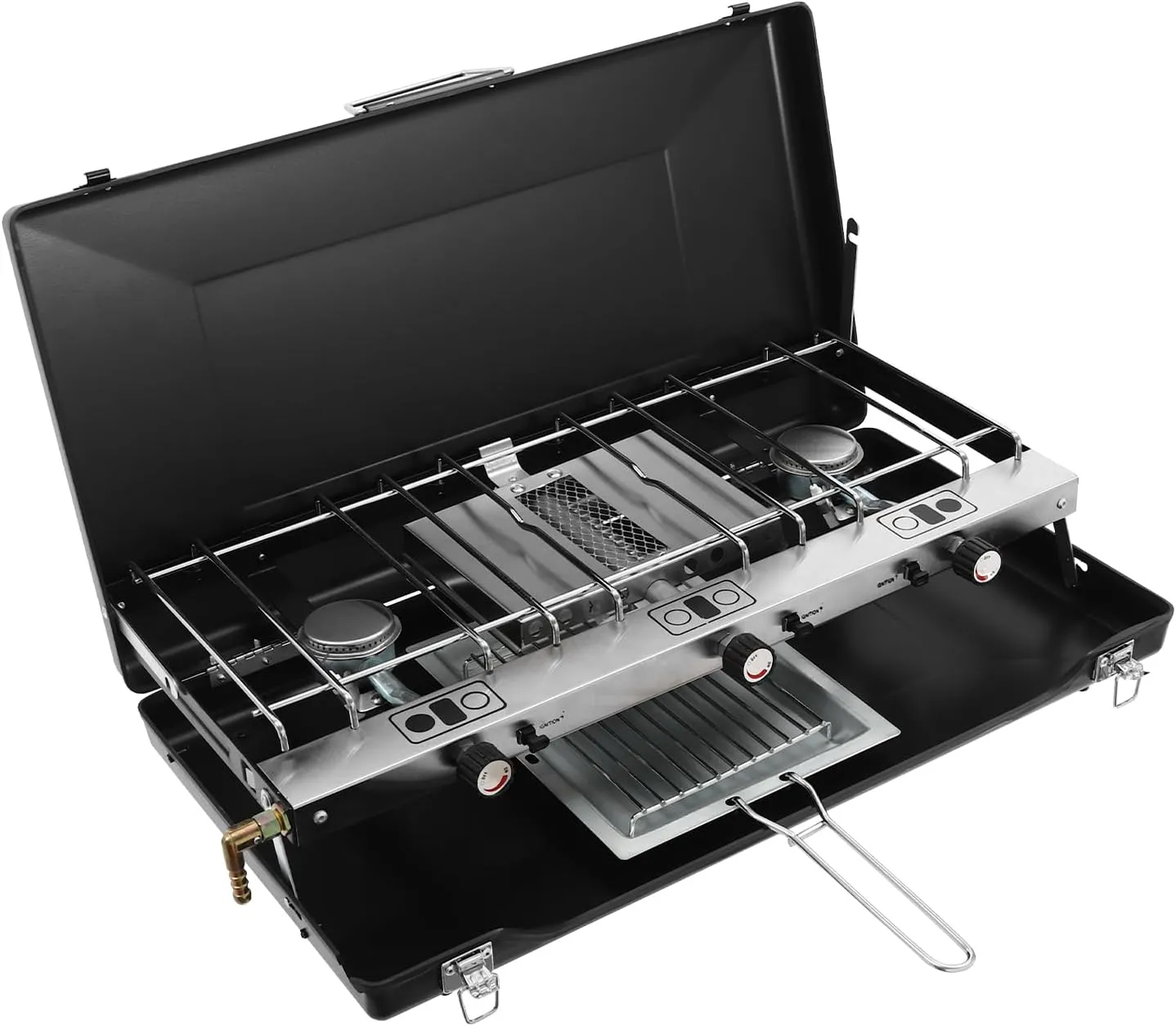 3 Burner Camping Stove，Propane Portable Stove with Regulator, Toast Tray, Foldable Windscreen Design for Car Camping BBQ Picnics Outdoor Cooking Camping Parties Gas Stove