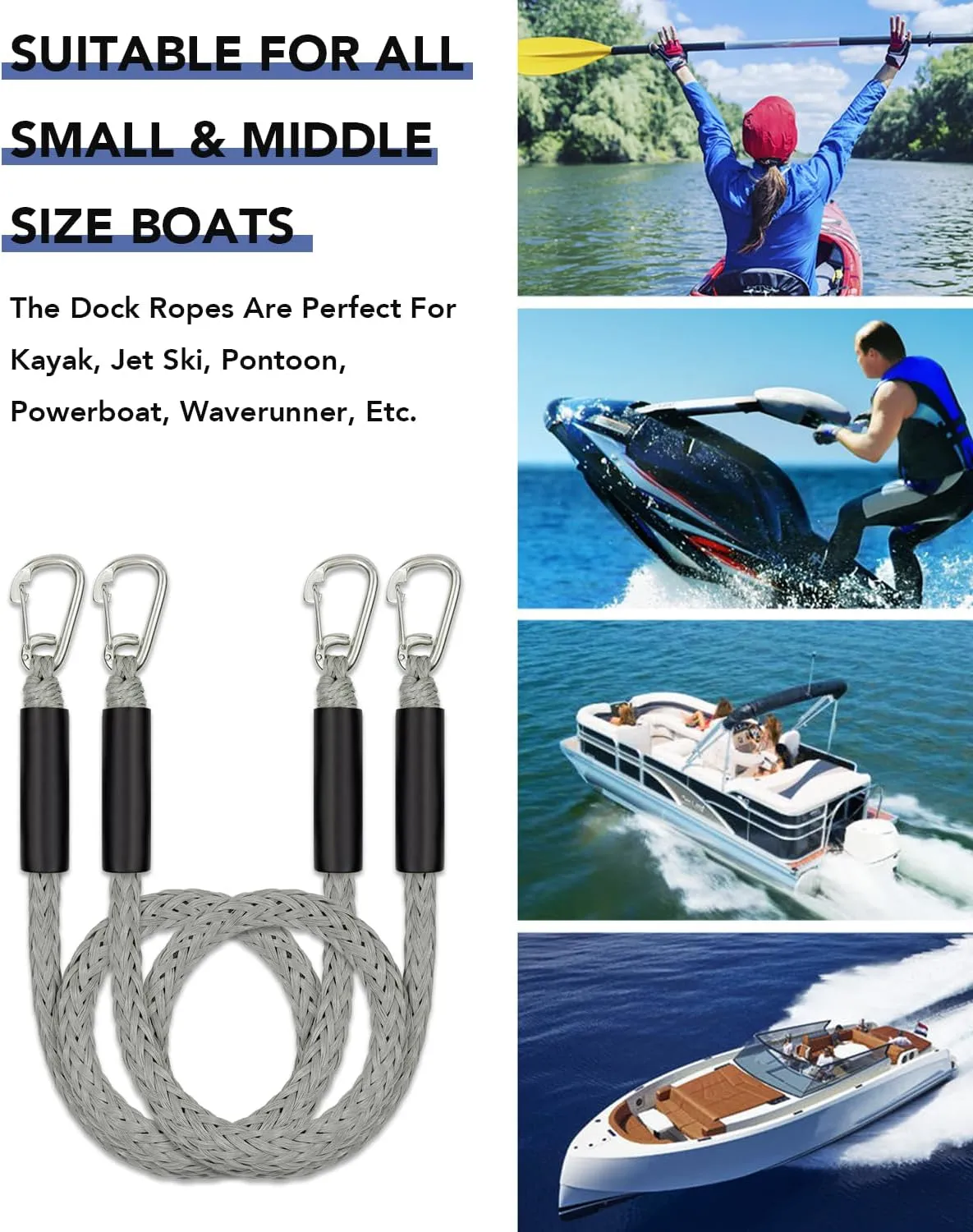 3 Feet Bungee Dock Lines with 2 Clips Heavy Duty 316 Stainless Steel Clips Boat Ropes Mooring Rope & Dock Ties for for Boats PWC or Jet Ski 2PCS (Grey, 3 Feet)
