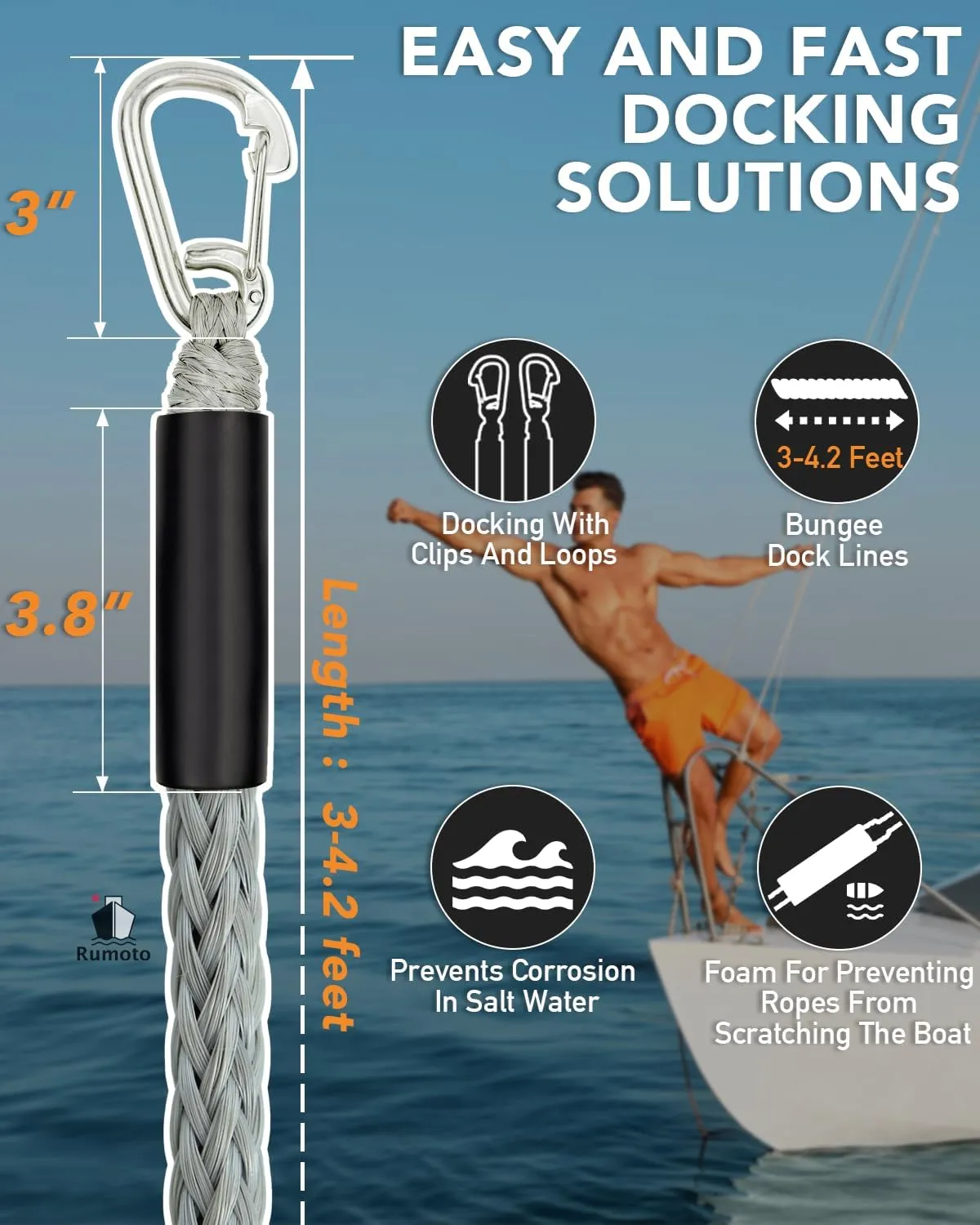 3 Feet Bungee Dock Lines with 2 Clips Heavy Duty 316 Stainless Steel Clips Boat Ropes Mooring Rope & Dock Ties for for Boats PWC or Jet Ski 2PCS (Grey, 3 Feet)