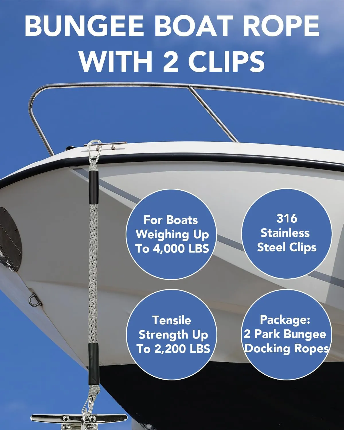 3 Feet Bungee Dock Lines with 2 Clips Heavy Duty 316 Stainless Steel Clips Boat Ropes Mooring Rope & Dock Ties for for Boats PWC or Jet Ski 2PCS (Grey, 3 Feet)