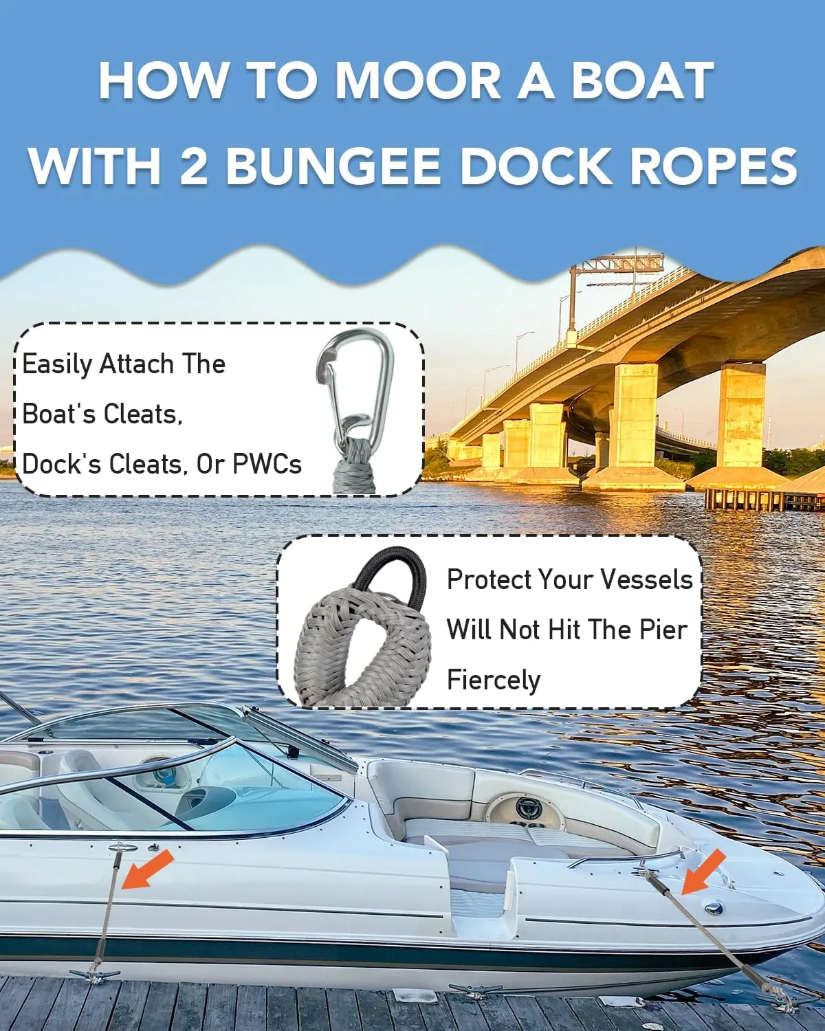 3 Feet Bungee Dock Lines with 2 Clips Heavy Duty 316 Stainless Steel Clips Boat Ropes Mooring Rope & Dock Ties for for Boats PWC or Jet Ski 2PCS (Grey, 3 Feet)