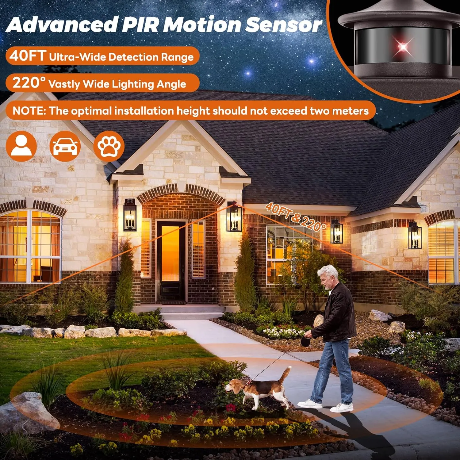 3-Light Motion Sensor Outdoor Wall Light, Waterproof Exterior Wall Sconce Light Fixture with Water-Rippled Glass, Dusk to Dawn Brown Outside Wall Lantern for House, Porch, Patio,Bulbs Not Included