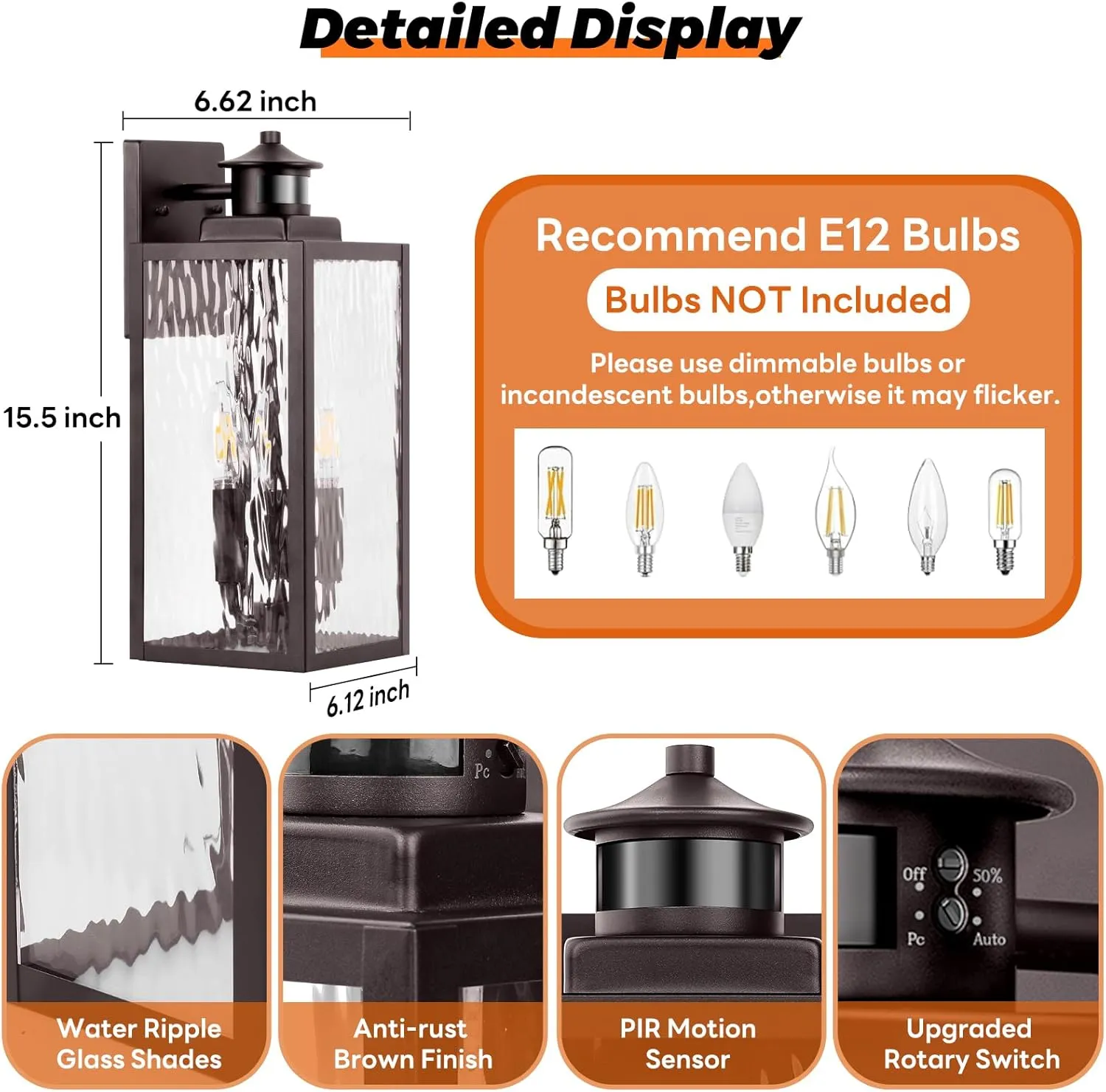 3-Light Motion Sensor Outdoor Wall Light, Waterproof Exterior Wall Sconce Light Fixture with Water-Rippled Glass, Dusk to Dawn Brown Outside Wall Lantern for House, Porch, Patio,Bulbs Not Included