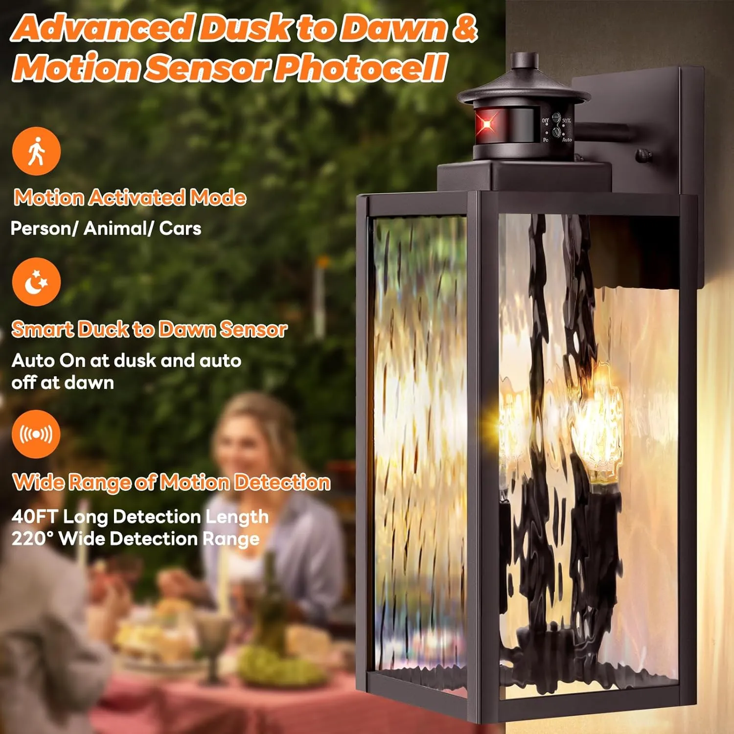 3-Light Motion Sensor Outdoor Wall Light, Waterproof Exterior Wall Sconce Light Fixture with Water-Rippled Glass, Dusk to Dawn Brown Outside Wall Lantern for House, Porch, Patio,Bulbs Not Included