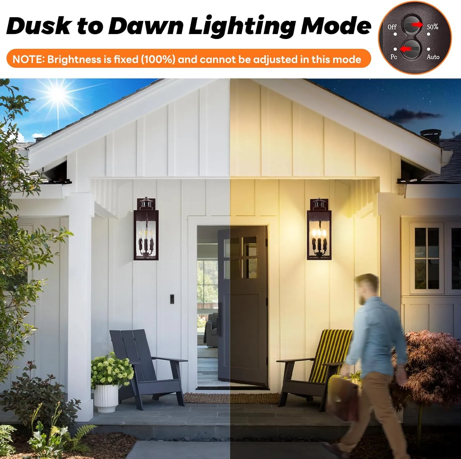 3-Light Motion Sensor Outdoor Wall Light, Waterproof Exterior Wall Sconce Light Fixture with Water-Rippled Glass, Dusk to Dawn Brown Outside Wall Lantern for House, Porch, Patio,Bulbs Not Included