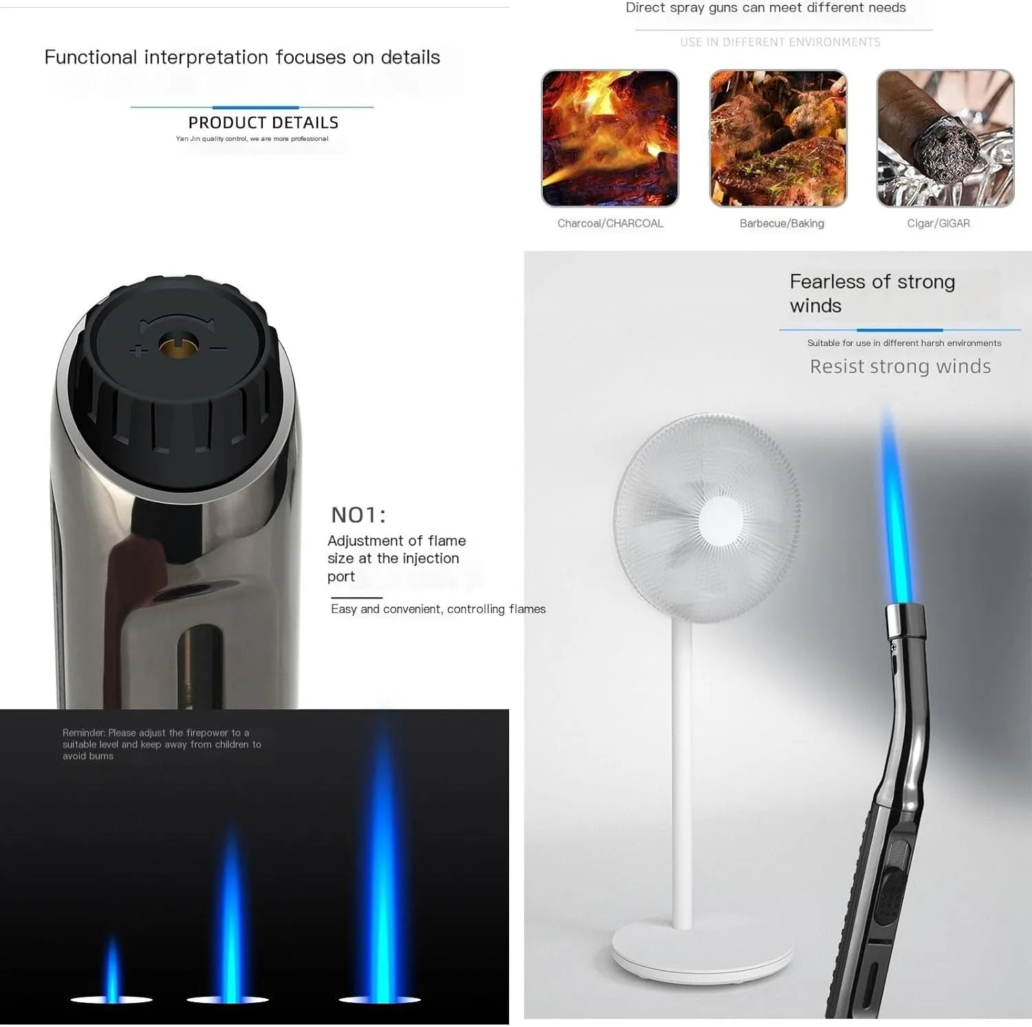 3 Pack Torch Lighters Butane Refillable, Windproof Blue Jet Flame Adjustable for Candle，Desserts Baking BBQ Fireworks(Butane Not Included) (Color : Black)