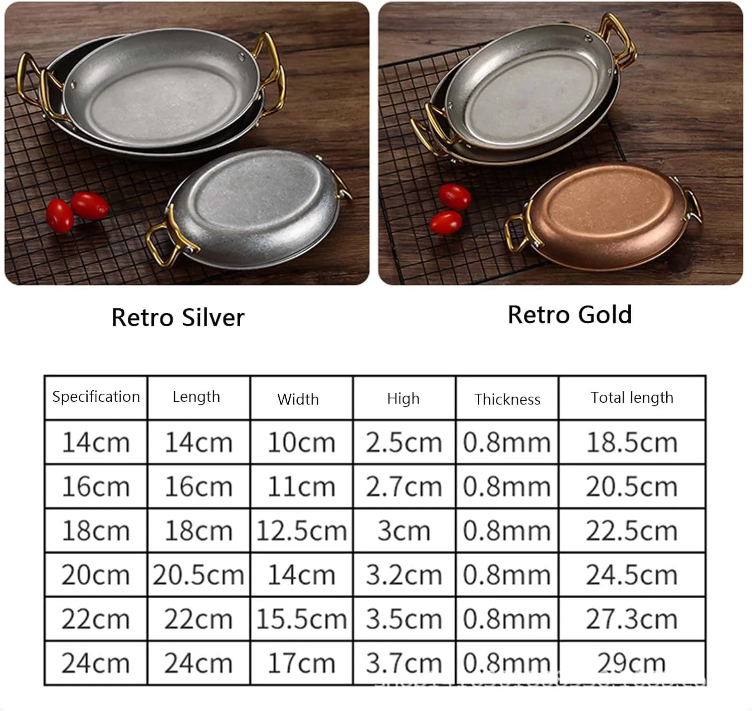 304 Stainless Steel Spanish Paella Pan, Oval Non Stick Paella Pan Cookware with Dual Riveted Handles for Home Kitchen Restaurants,Retro Gold