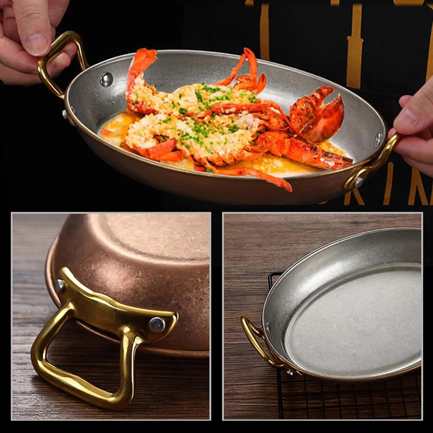 304 Stainless Steel Spanish Paella Pan, Oval Non Stick Paella Pan Cookware with Dual Riveted Handles for Home Kitchen Restaurants,Retro Gold