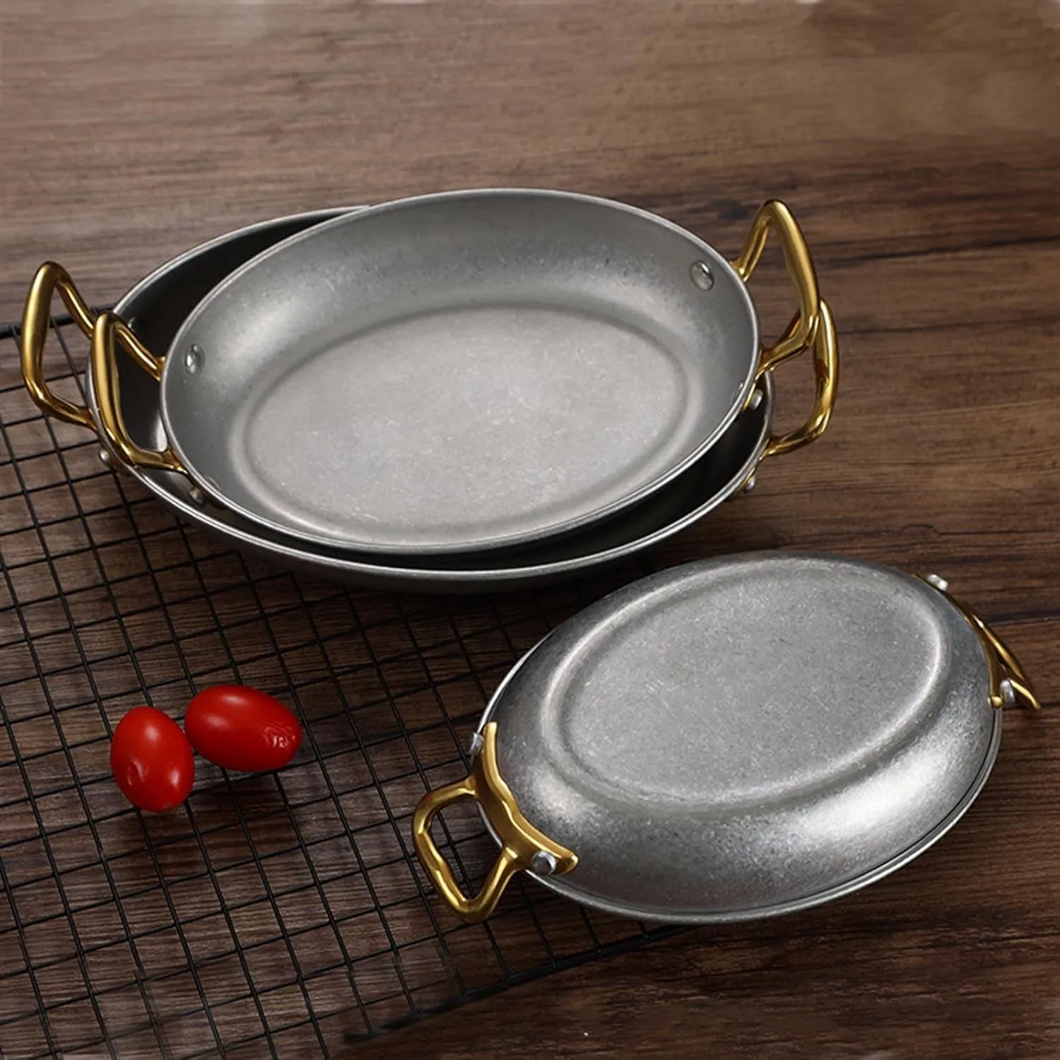 304 Stainless Steel Spanish Paella Pan, Oval Non Stick Paella Pan Cookware with Dual Riveted Handles for Home Kitchen Restaurants,Retro Gold