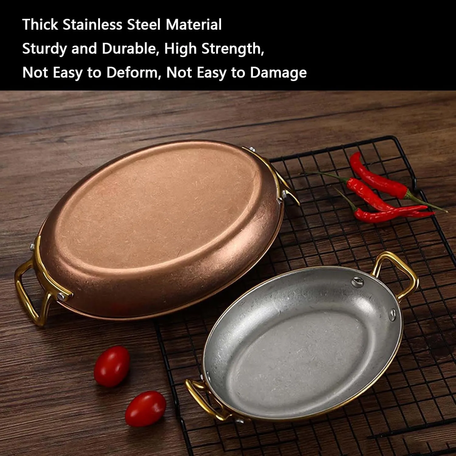 304 Stainless Steel Spanish Paella Pan, Oval Non Stick Paella Pan Cookware with Dual Riveted Handles for Home Kitchen Restaurants,Retro Gold