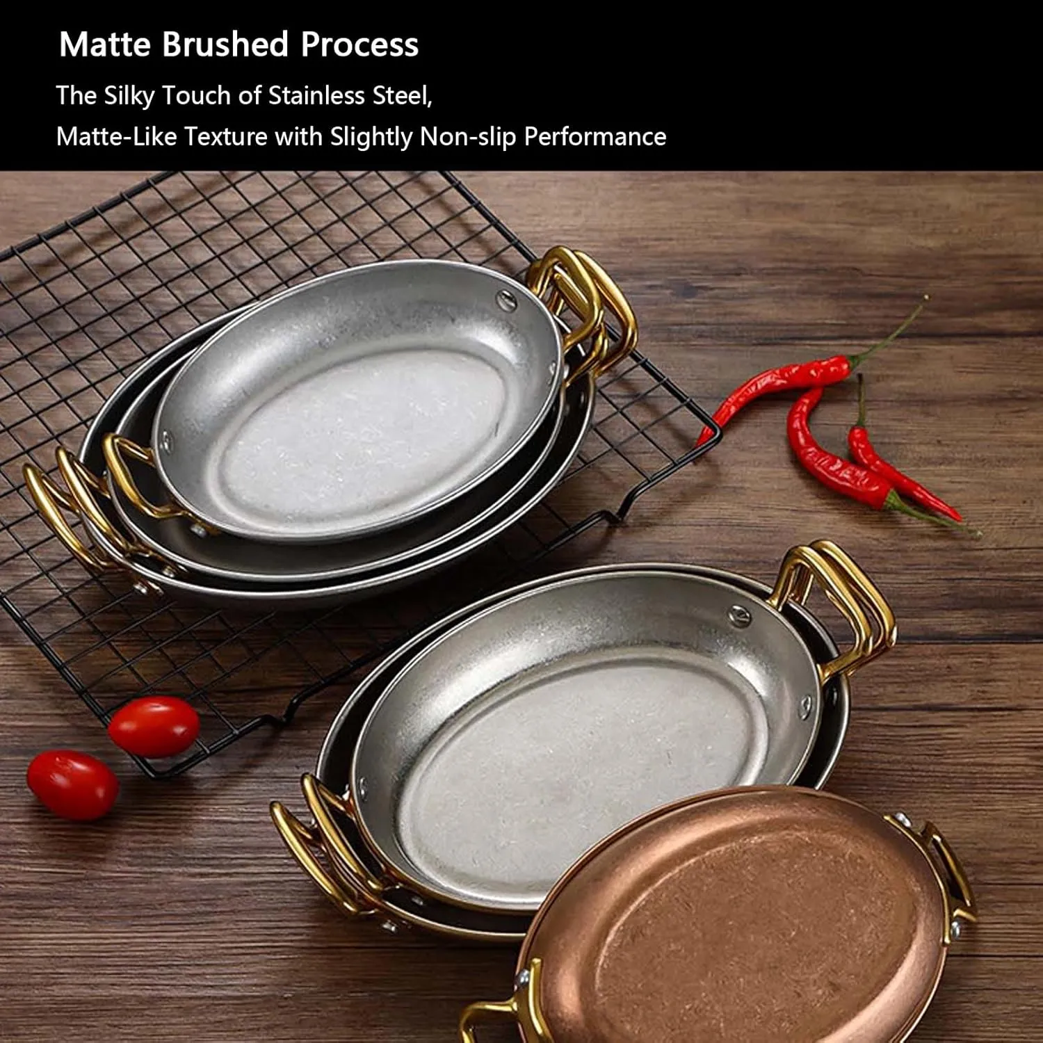 304 Stainless Steel Spanish Paella Pan, Oval Non Stick Paella Pan Cookware with Dual Riveted Handles for Home Kitchen Restaurants,Retro Gold