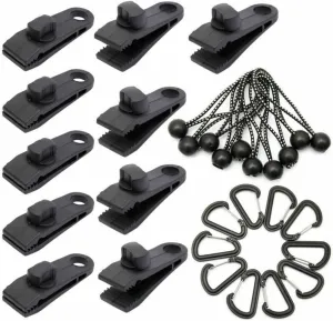 30pcs Tarp Clips Heavy Duty Lock G Tent Fasteners Clamps with Bungee Ball Cords Carabiners for Camping Tarps Awnings Caravan Canopies