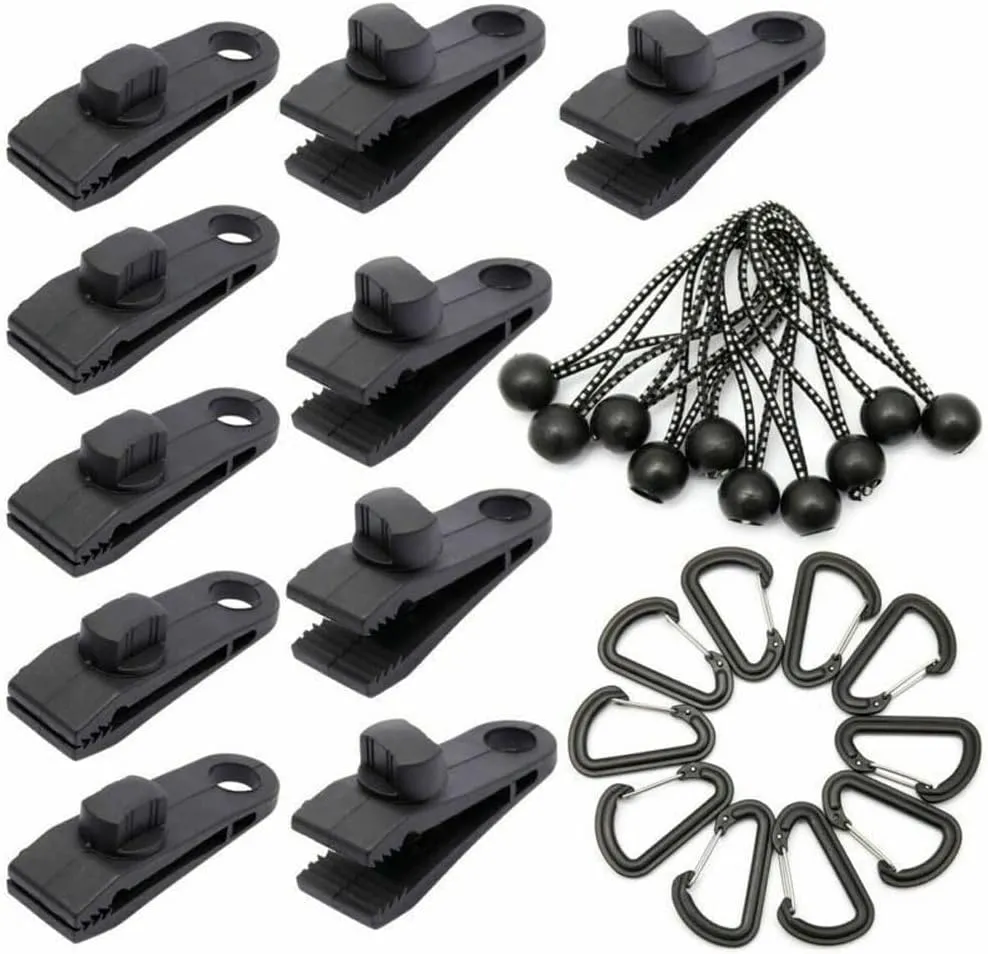 30pcs Tarp Clips Heavy Duty Lock G Tent Fasteners Clamps with Bungee Ball Cords Carabiners for Camping Tarps Awnings Caravan Canopies