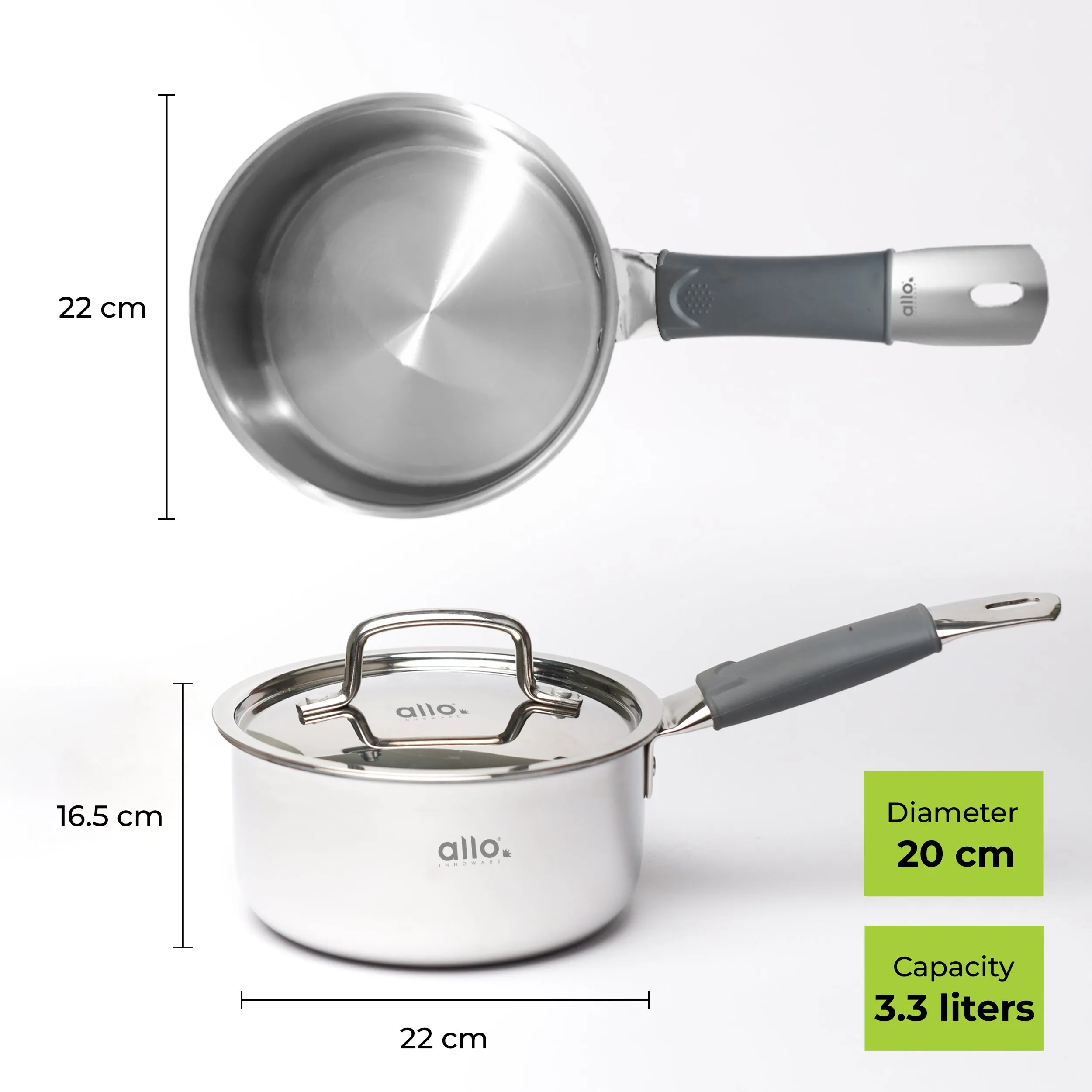 3.3L Allo CookSafe TriPly Sauce pan | Stainless Steel | With Stainless Steel Lid | Induction Friendly | 20 cm