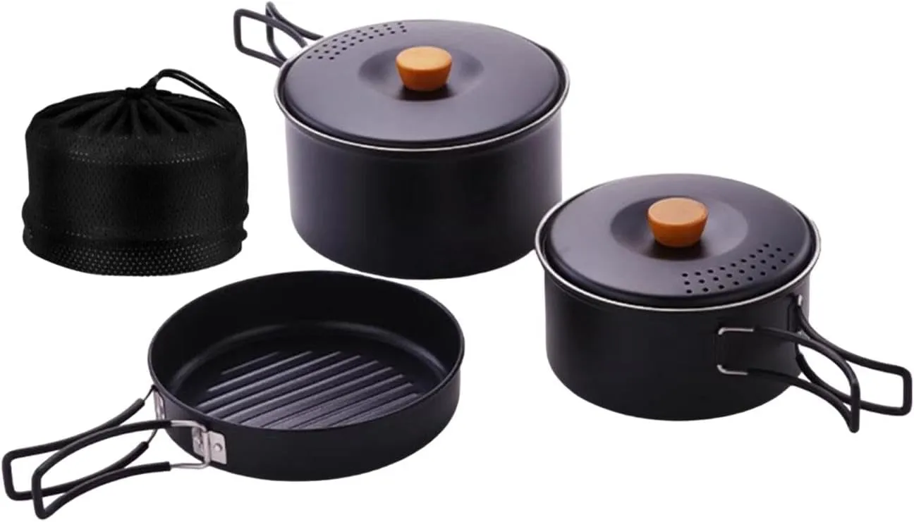 3X Camping Cooking Set Stainless Steel Pots and Pans Outdoor Cook Gear with Storage Bag for BBQ Backpacking, Black