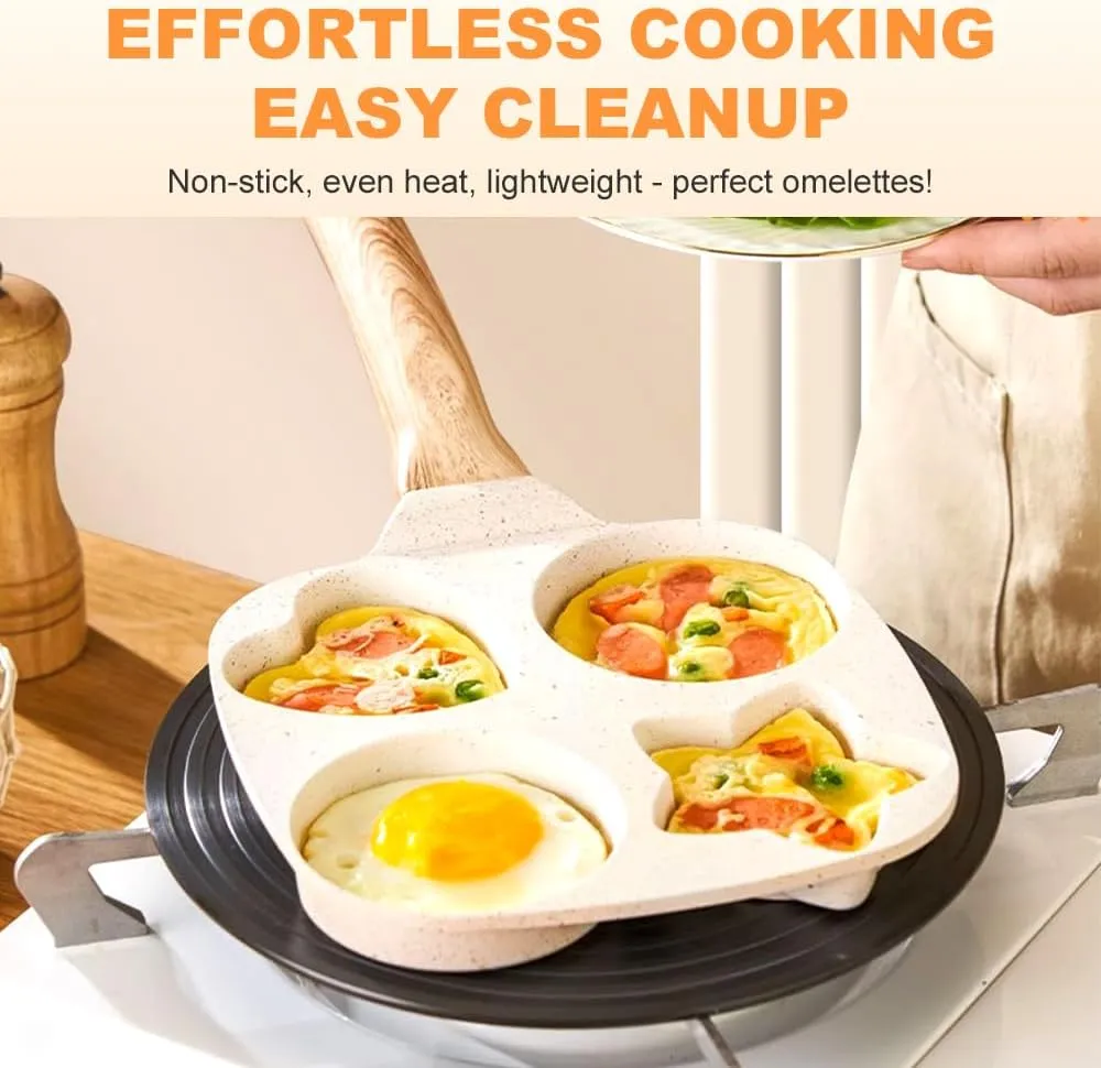 4-Cup Egg Frying Pan, Breakfast Frying Panfor Eggs, Steak and Pancakes, Heart Shaped Egg Frying Pan with Anti-scald Handle, Suitable for Gas Stove & Induction Cookware (Black)