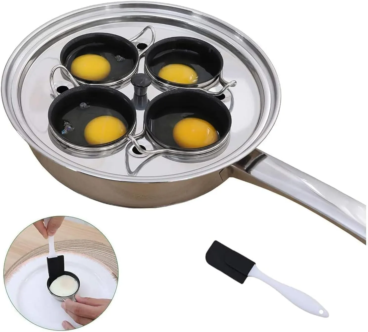 4 Cups Egg Poacher Pan - Stainless Steel Poached Egg Cooker – Induction Cooktop Egg Poachers Cookware Set with 4 Nonstick Large PFOA FREE Egg Poacher Cups and Silicone Spatula