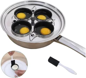 4 Cups Egg Poacher Pan - Stainless Steel Poached Egg Cooker – Induction Cooktop Egg Poachers Cookware Set with 4 Nonstick Large PFOA FREE Egg Poacher Cups and Silicone Spatula