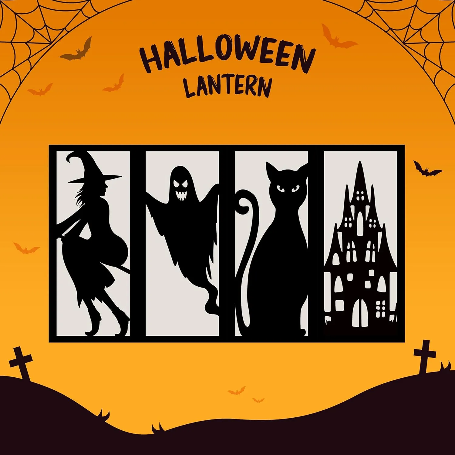 4 Pcs Witch Cat Ghost Castle Halloween Light Up Centerpieces - Horror Character Lantern Boxes with LED Light for Creepy Scary Terror Halloween Table Centerpieces Party Supplies - Black 8x3 Inch