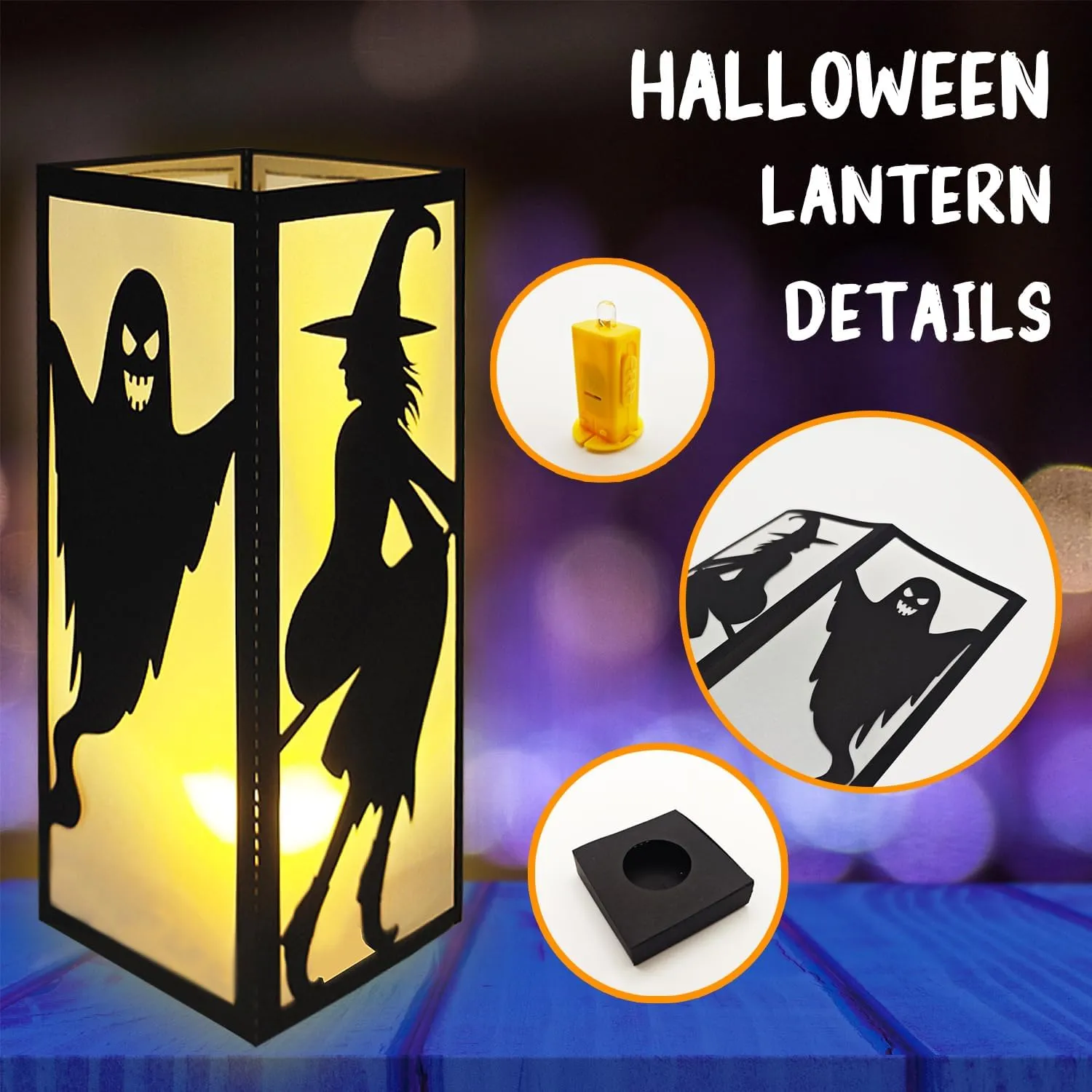 4 Pcs Witch Cat Ghost Castle Halloween Light Up Centerpieces - Horror Character Lantern Boxes with LED Light for Creepy Scary Terror Halloween Table Centerpieces Party Supplies - Black 8x3 Inch