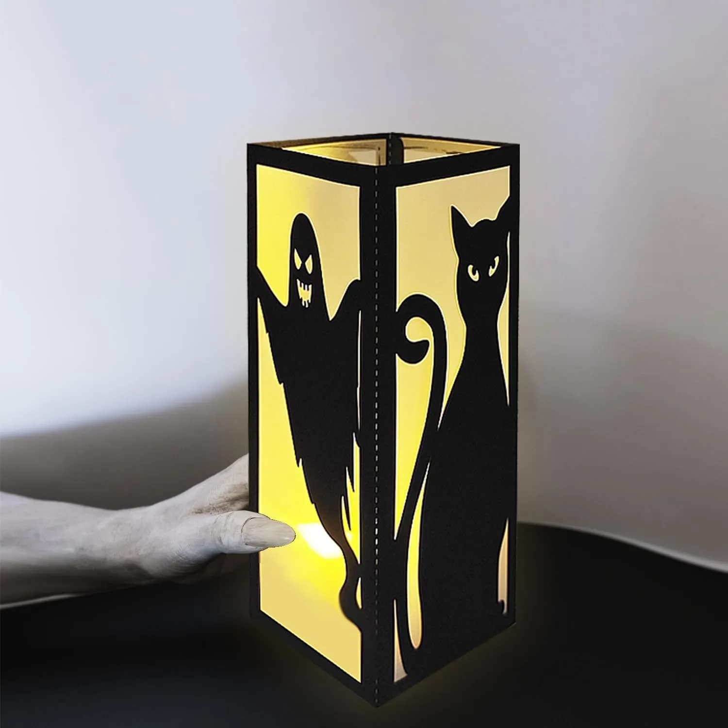 4 Pcs Witch Cat Ghost Castle Halloween Light Up Centerpieces - Horror Character Lantern Boxes with LED Light for Creepy Scary Terror Halloween Table Centerpieces Party Supplies - Black 8x3 Inch