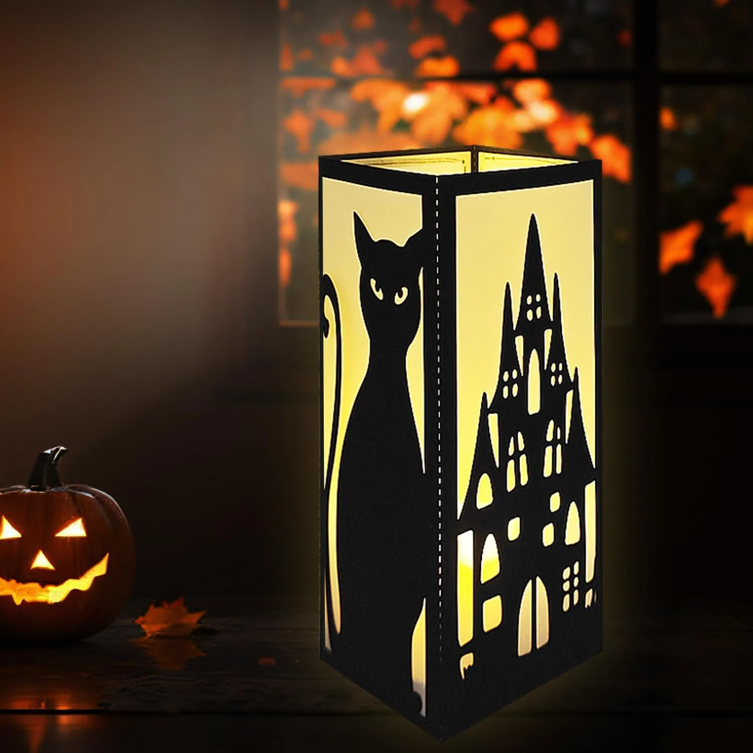 4 Pcs Witch Cat Ghost Castle Halloween Light Up Centerpieces - Horror Character Lantern Boxes with LED Light for Creepy Scary Terror Halloween Table Centerpieces Party Supplies - Black 8x3 Inch