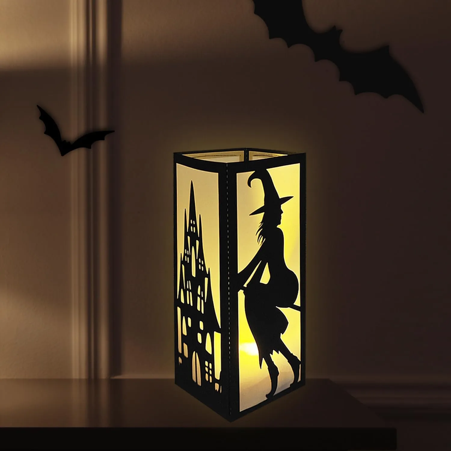 4 Pcs Witch Cat Ghost Castle Halloween Light Up Centerpieces - Horror Character Lantern Boxes with LED Light for Creepy Scary Terror Halloween Table Centerpieces Party Supplies - Black 8x3 Inch