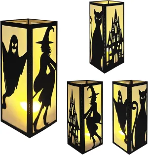 4 Pcs Witch Cat Ghost Castle Halloween Light Up Centerpieces - Horror Character Lantern Boxes with LED Light for Creepy Scary Terror Halloween Table Centerpieces Party Supplies - Black 8x3 Inch