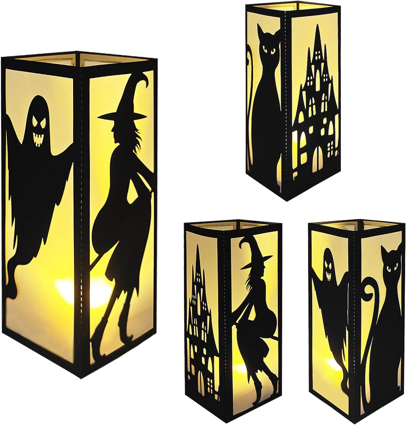 4 Pcs Witch Cat Ghost Castle Halloween Light Up Centerpieces - Horror Character Lantern Boxes with LED Light for Creepy Scary Terror Halloween Table Centerpieces Party Supplies - Black 8x3 Inch