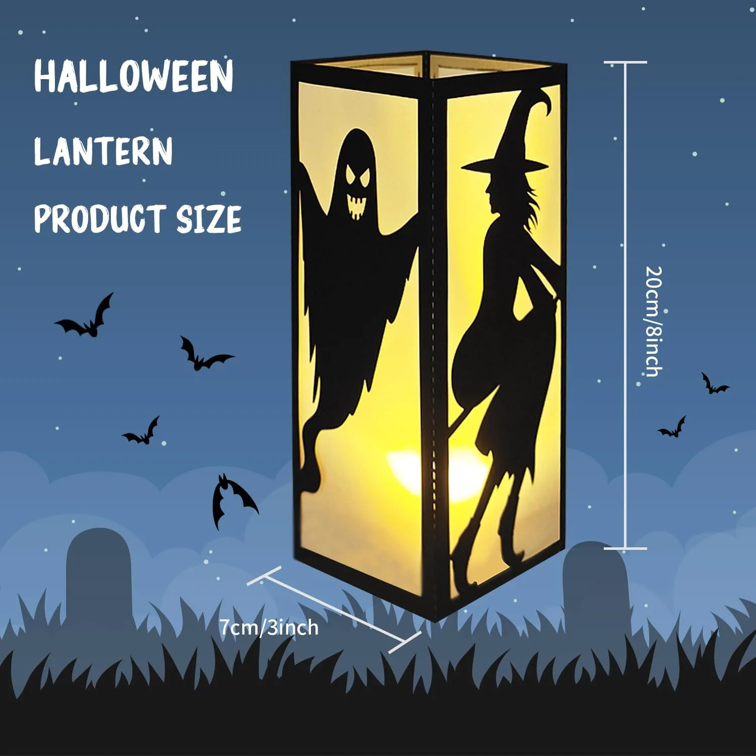 4 Pcs Witch Cat Ghost Castle Halloween Light Up Centerpieces - Horror Character Lantern Boxes with LED Light for Creepy Scary Terror Halloween Table Centerpieces Party Supplies - Black 8x3 Inch