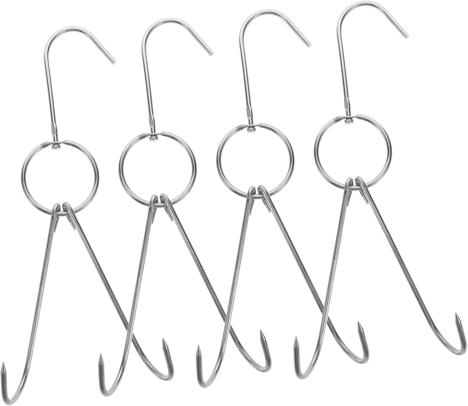 4pcs Stainless Steel Double Meat Hooks for Cooking Heavy Duty Poultry Hanging Hooks for Smoker Roast Bacon Fish and Chicken for Outdoor Camping and Barbecue