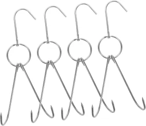 4pcs Stainless Steel Double Meat Hooks for Cooking Heavy Duty Poultry Hanging Hooks for Smoker Roast Bacon Fish and Chicken for Outdoor Camping and Barbecue