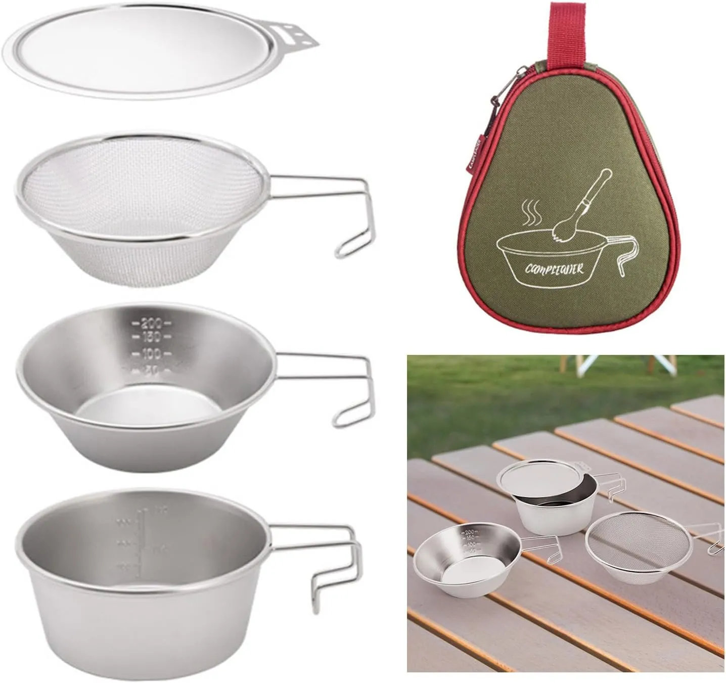 4Pcs Stainless Steel Tableware 300ml/450ml Camping Cup Bowl Cookware Set with Long Handle for Outdoor Backpacking Hiking Camping Utensils Set