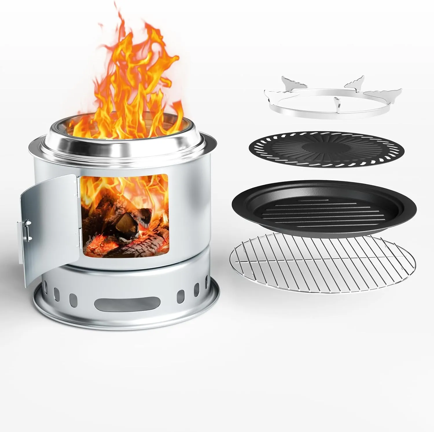 5 in 1 Fire Pit with Grill Plate, Cooking Grate, Korean Grill Plate and Pot Stand,11.5” Portable Outdoor Fire Pit, Smokeless Fire Pits Wood Burning for Camping Patio Bonfire with Carry Bag